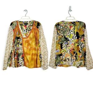 Lynn Ritchie 100% Silk Mixed Media Print Long Sleeve Blouse Top Large Boho